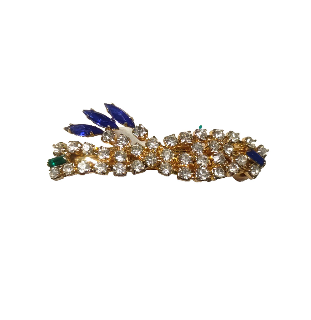 Hair Barrette Tension Clip Blue Clear Rhinestone Gold Tone Elegant Feminine